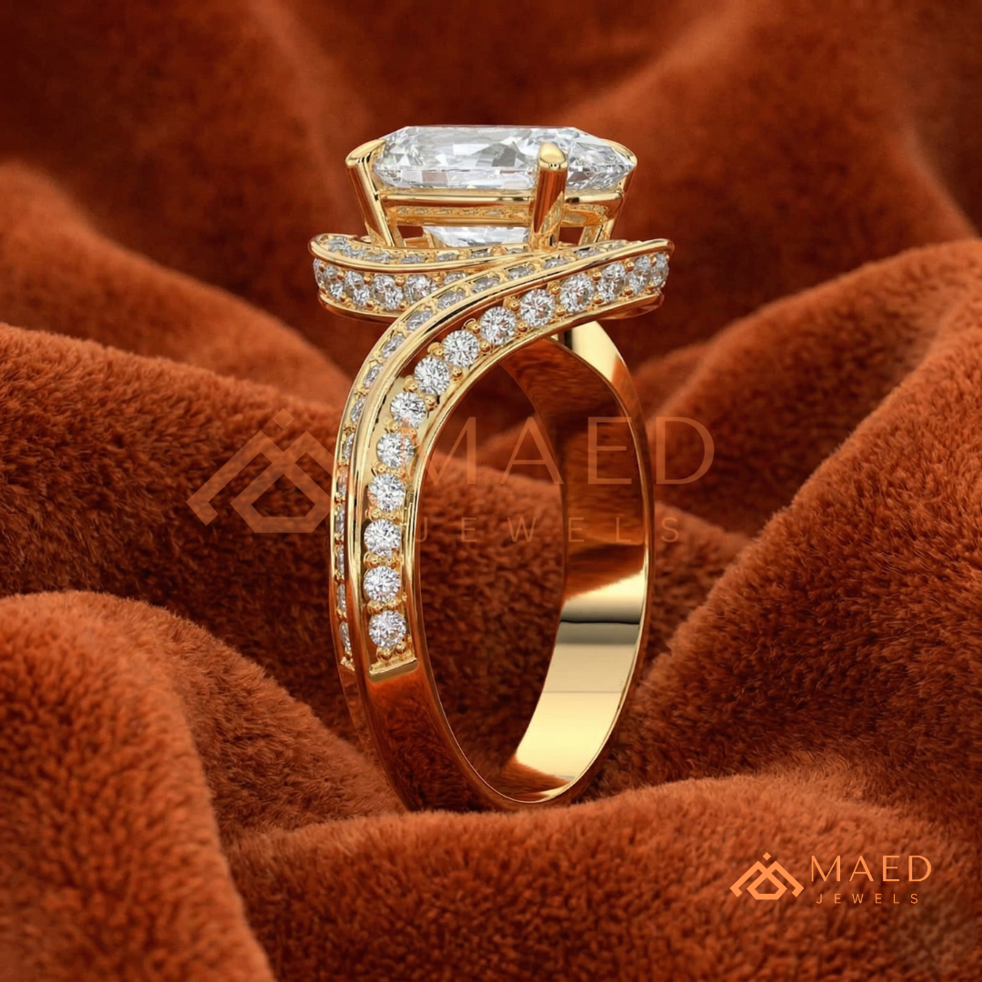 Oval Cut Bypass Halo Engagement Ring | Swirl Pavé Band in 14k Gold, Rose Gold & Silver
