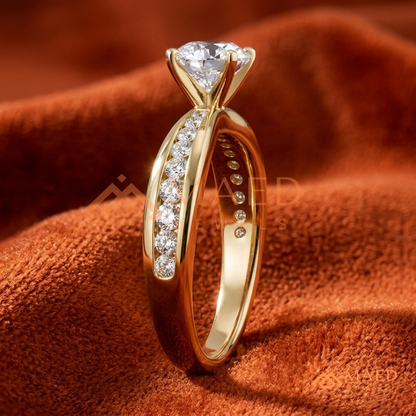Round Brilliant Solitaire Engagement Ring with Channel Set Band – Sterling Silver, 14K Gold, or 14K Rose Gold