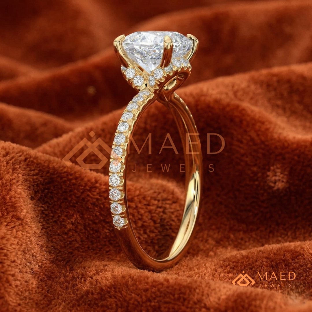 Brilliant Cushion Cut Engagement Ring | Pavé Diamond Band in 14K Gold, Rose Gold & Sterling Silver
