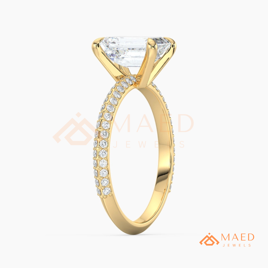 Emerald Cut Engagement Ring with Multi-Row Pavé Band in Silver, 14K Gold, & 14K Rose Gold