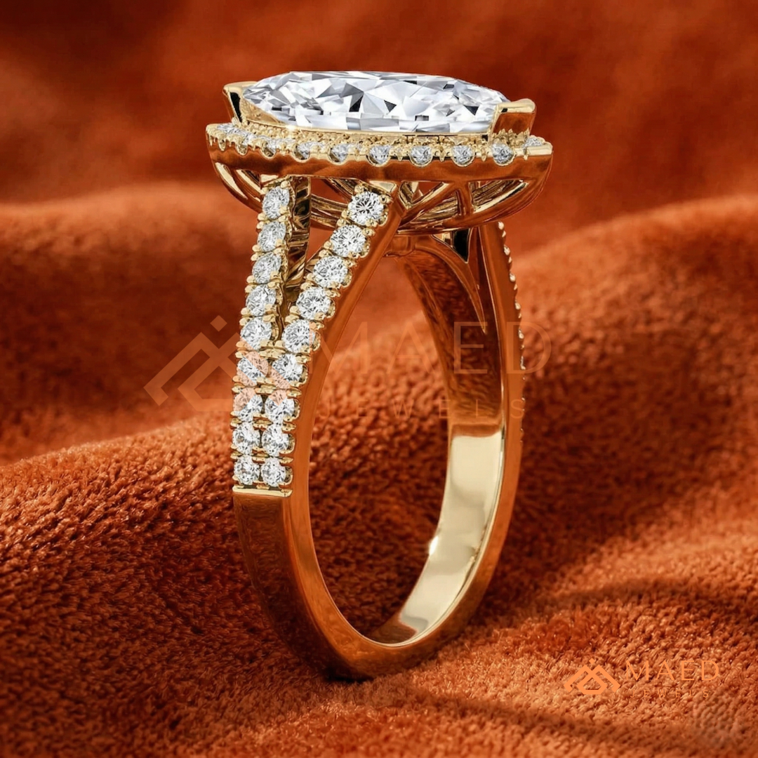 Marquise Cut Halo Engagement Ring | Split Shank Pave Band in 14K Gold & Silver