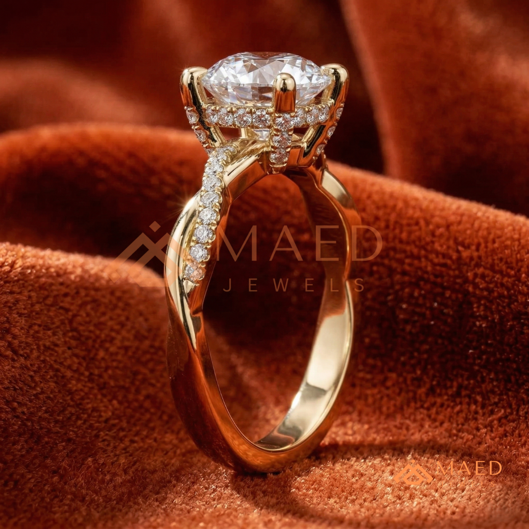 Round Cut Engagement Ring with Twisted Pavé Band in Silver, 14K Gold, & 14K Rose Gold