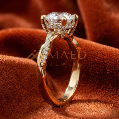 Round Cut Engagement Ring with Twisted Pavé Band in Silver, 14K Gold, & 14K Rose Gold