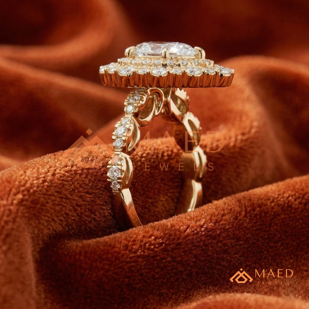 Vintage Pear Shaped Double Halo Engagement Ring with Pave Band in Silver, 14K Gold & Rose Gold