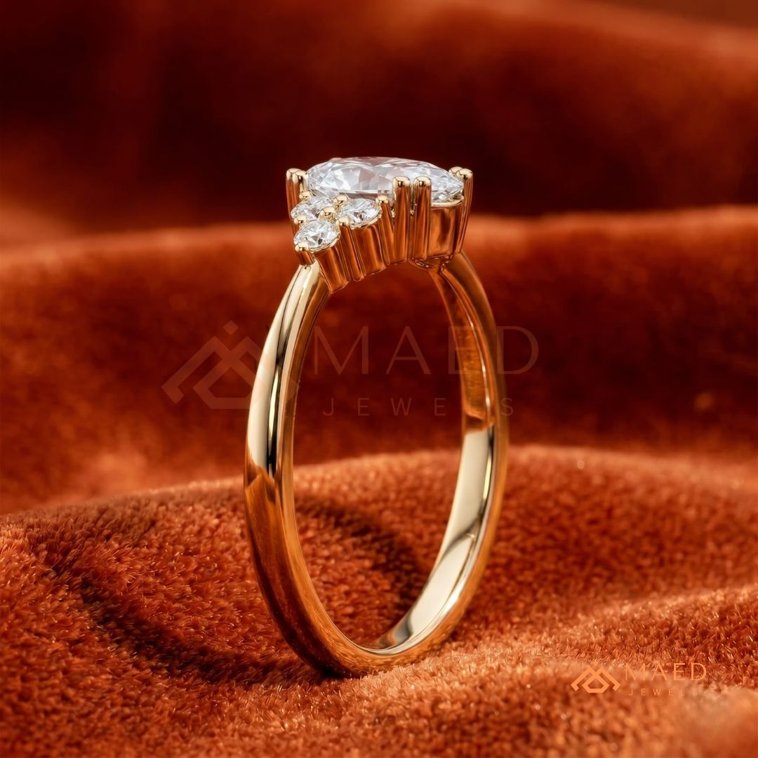 Oval Cut Engagement Ring with Round Cluster Side Stones | 14k Gold, Rose Gold & Silver
