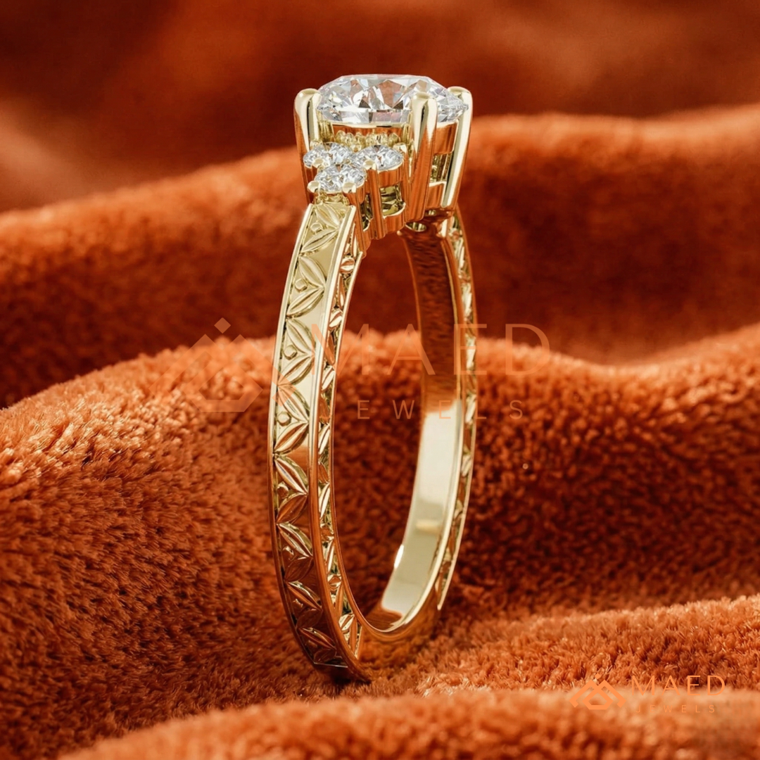 Vintage Princess Cut Three-Stone Engraved Ring | 14K Gold, Rose Gold & Silver
