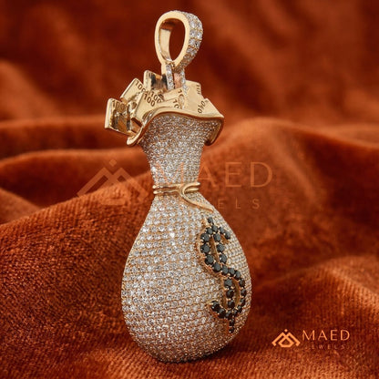 Iced Out Money Bag Pendant with Dollar Sign in Silver, 14K Yellow & Rose Gold