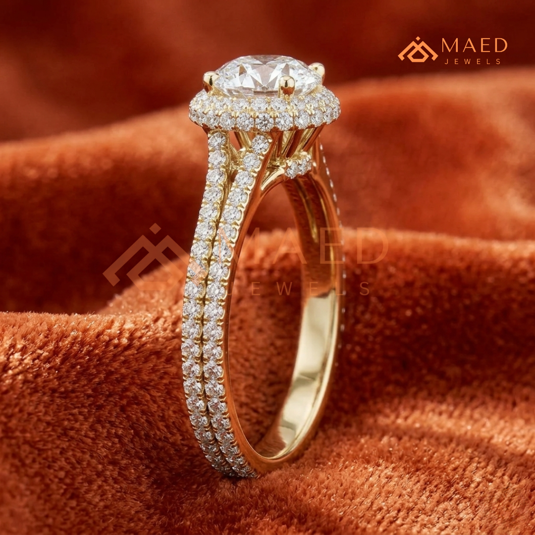 Round-Cut Halo Engagement Ring with Split-Shank Pavé Band