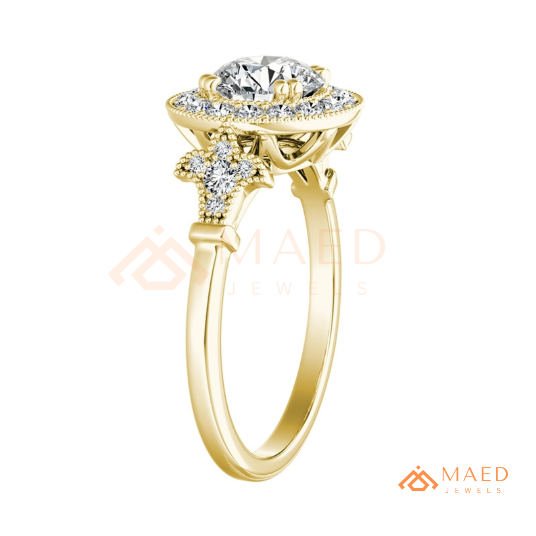 Vintage-Inspired Round Halo Engagement Ring with Milgrain Detail in 14K Gold, Rose Gold or Silver