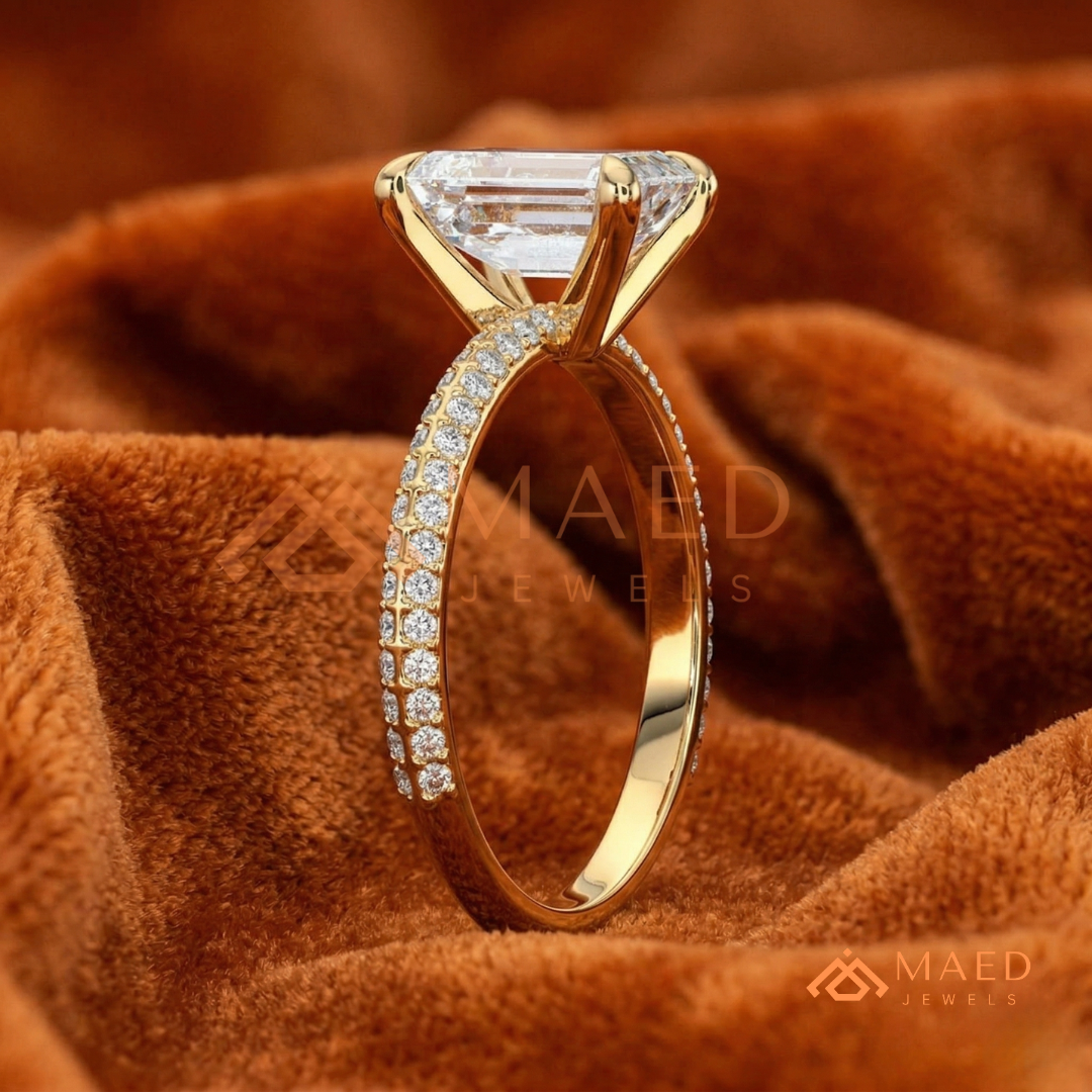 Emerald Cut Engagement Ring with Multi-Row Pavé Band in Silver, 14K Gold, & 14K Rose Gold