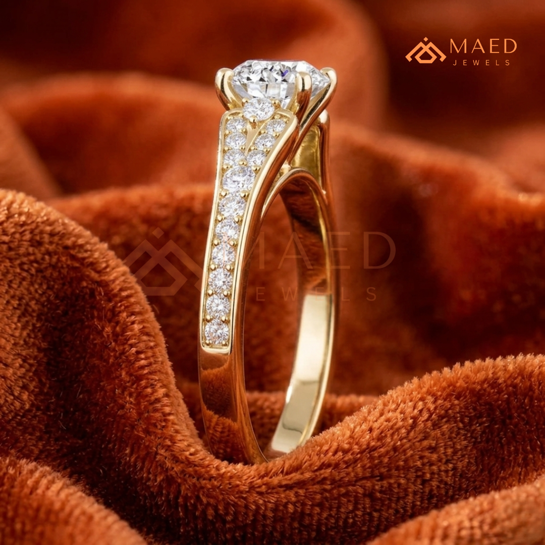 Round Cut Engagement Ring with Pavé Accents in 14K Gold, Rose Gold or Silver
