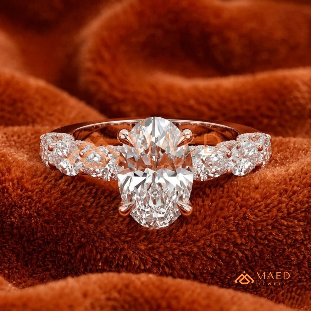 Oval Cut Engagement Ring with Large Round Accent Band | 14K Gold & Silver Shared Prong