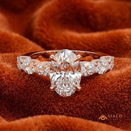 Oval Cut Engagement Ring with Large Round Accent Band | 14K Gold & Silver Shared Prong