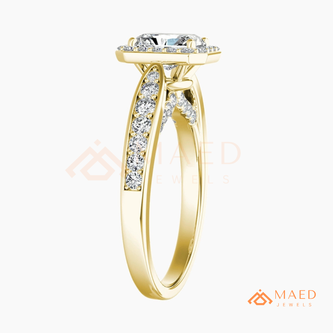 Radiant Cut Rectangular Halo Engagement Ring with Twisted Pavé Band
