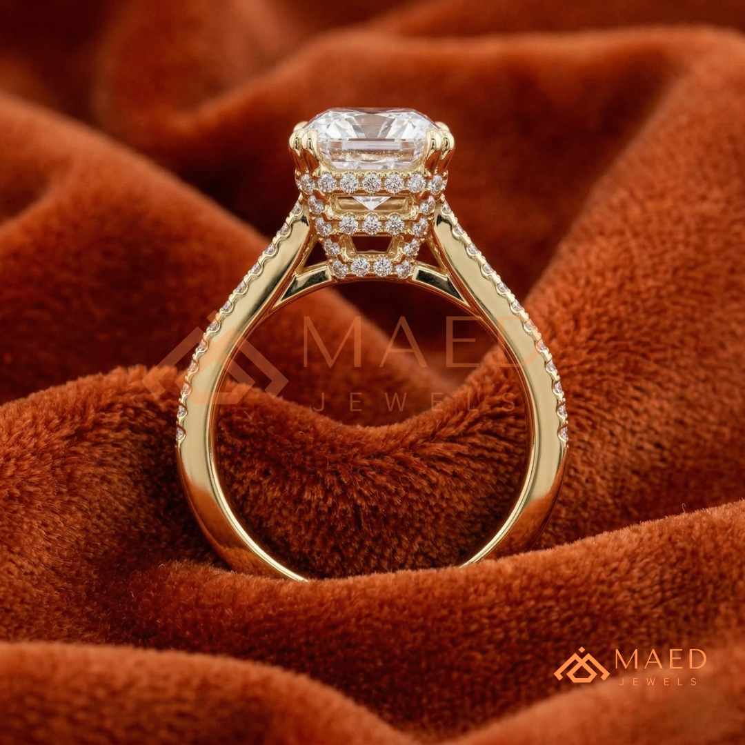 Radiant Cut Engagement Ring with Split Shank Pavé Band in Silver, 14K Gold, & 14K Rose Gold