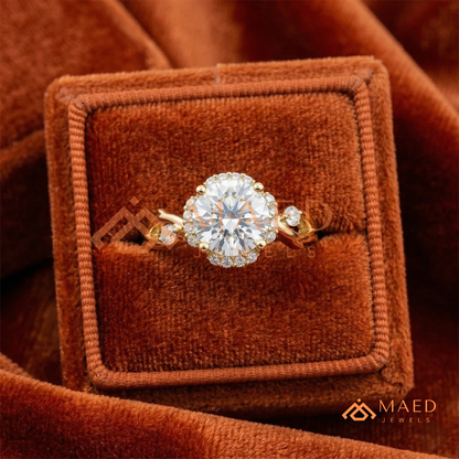 Round Cut Floral Halo Engagement Ring with Twisted Infinty Band in 14K Gold, Rose Gold & Silver