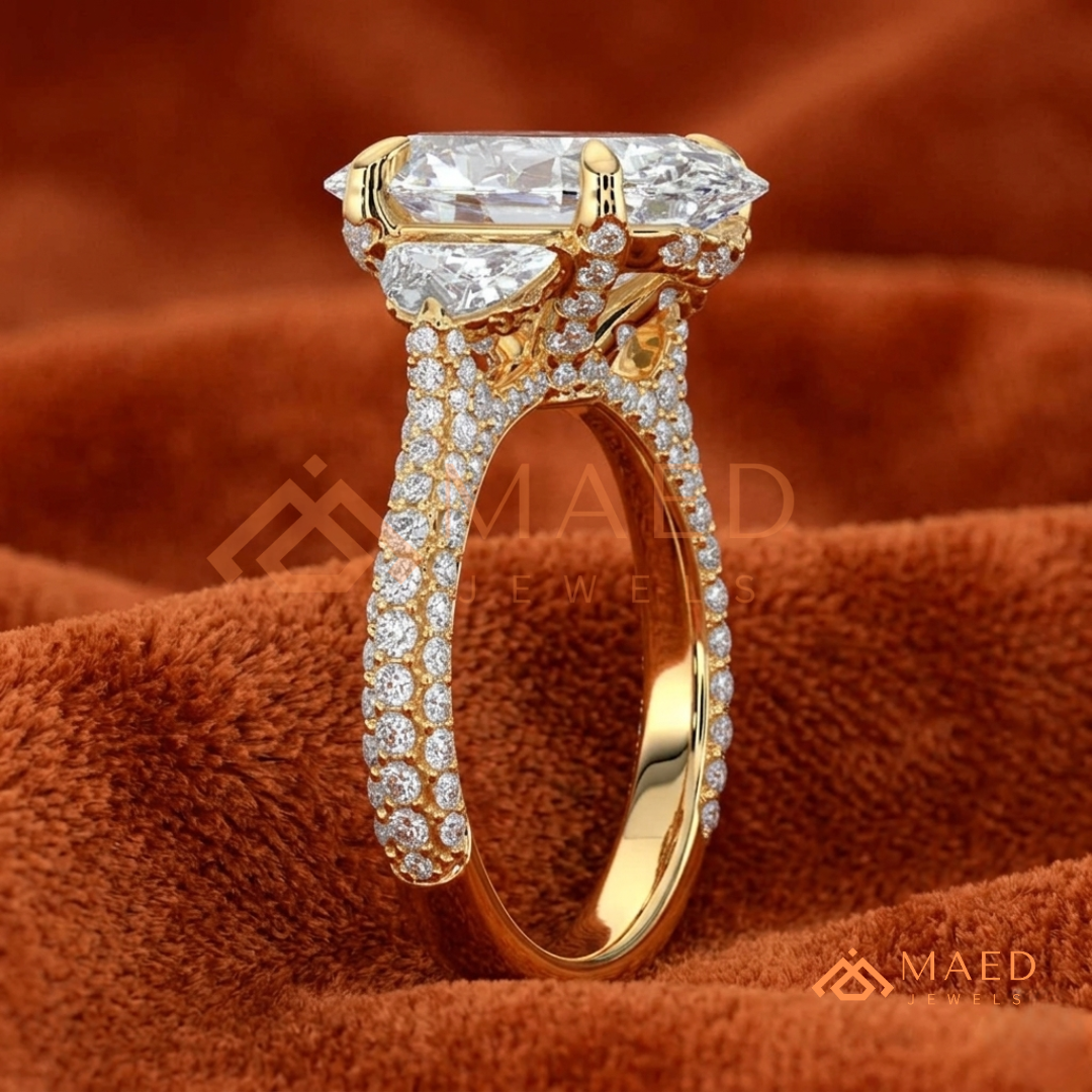 Oval Cut Engagement Ring with Half Moon Side Stones and Pavé Band in Silver, 14K Gold, & 14K Rose Gold