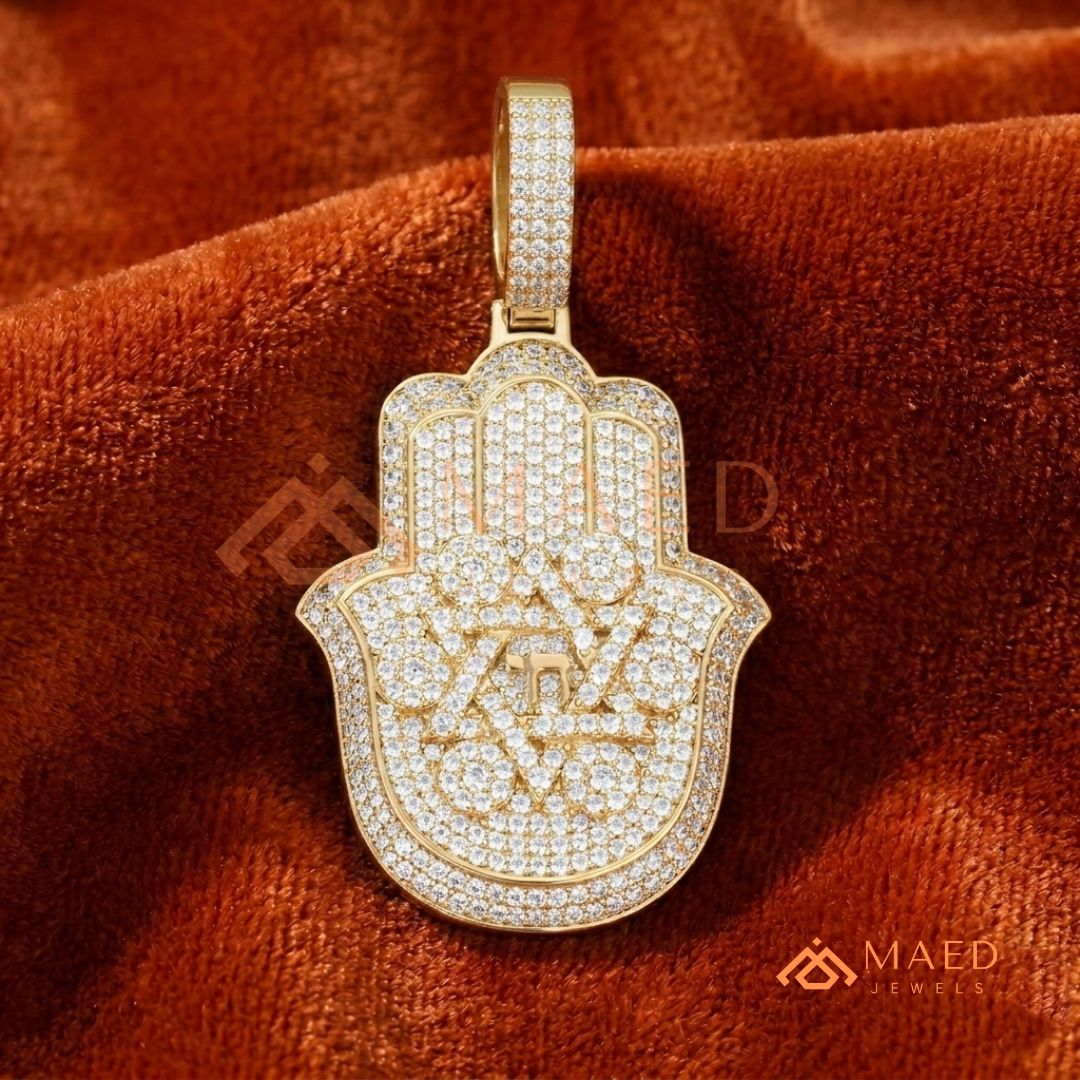 Iced Out Hamsa & Star of David Pendant with Chai Symbol - Sterling Silver, 14K Gold & Rose Gold