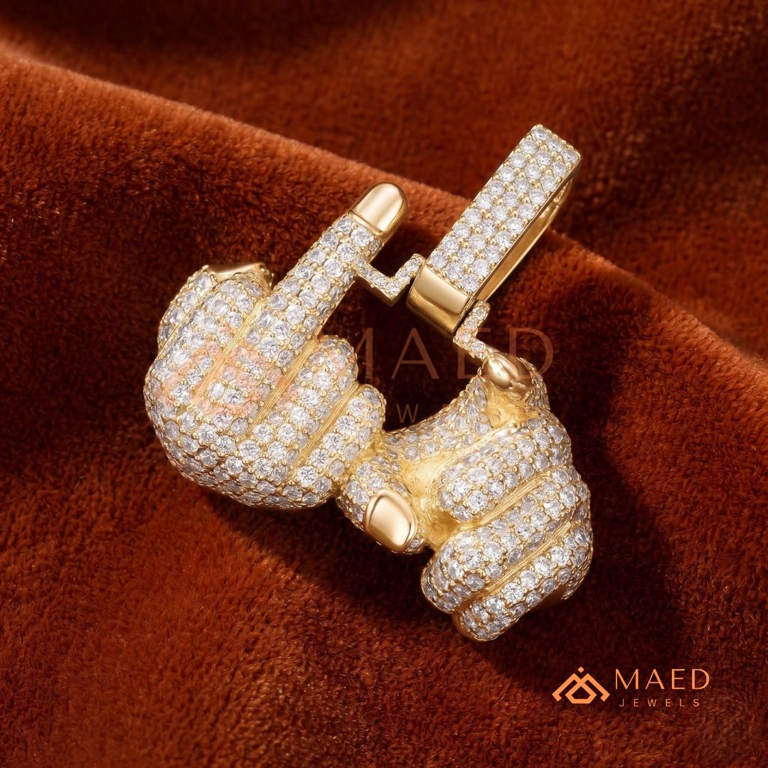 Ice Out Middle Finger Hand Gesture Pendant – Bold Statement Streetwear Jewelry