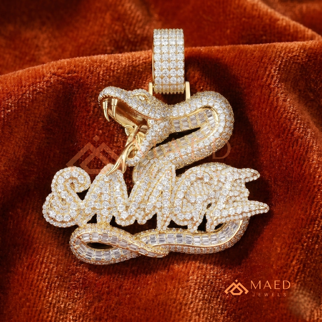 Iced Out "Savage" Snake Pendant - 14K Gold, Rose Gold & Silver Hip Hop Jewelry