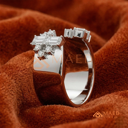 The Mosaic Wide Open Band | Baguette & Round Cluster Statement Ring