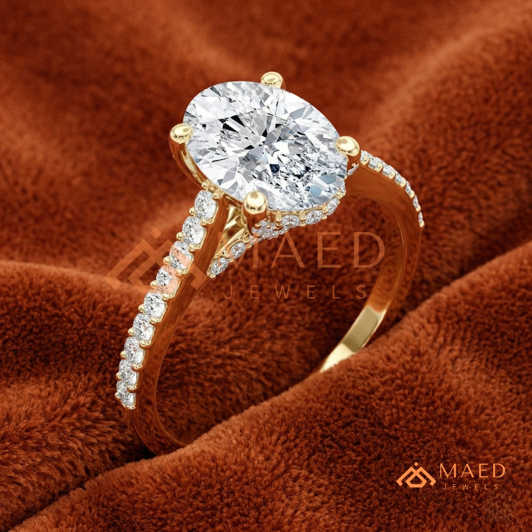 Oval Cut Engagement Ring with Pavé Diamond Band in 14K Gold, Rose Gold & Silver
