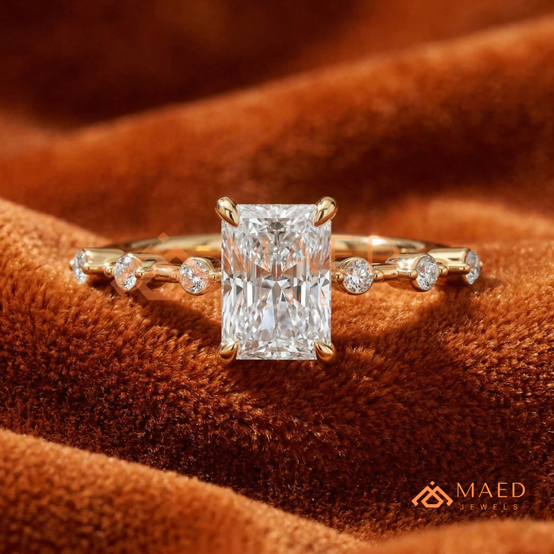 Radiant Cut Moissanite Engagement Ring in Sterling Silver, 14K Gold & Rose Gold | Art Deco Bezel-Set Accent Band