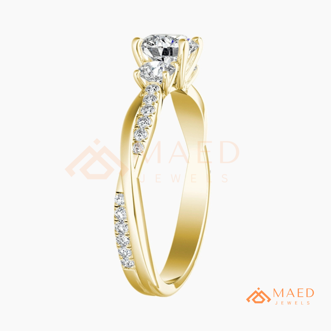 Classic 3-Stone Twisted Pavé Diamond Simulant Ring in Gold, Rose Gold & Silver