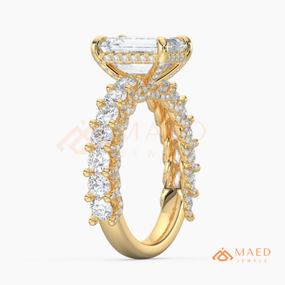 Emerald Cut Engagement Ring with Large Round Accent Band in Silver, 14K Gold, & 14K Rose Gold