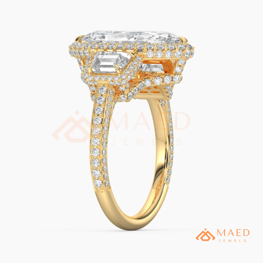 Vintage Marquise Cut 3-Stone Halo Ring with Triple-Row Pavé Band