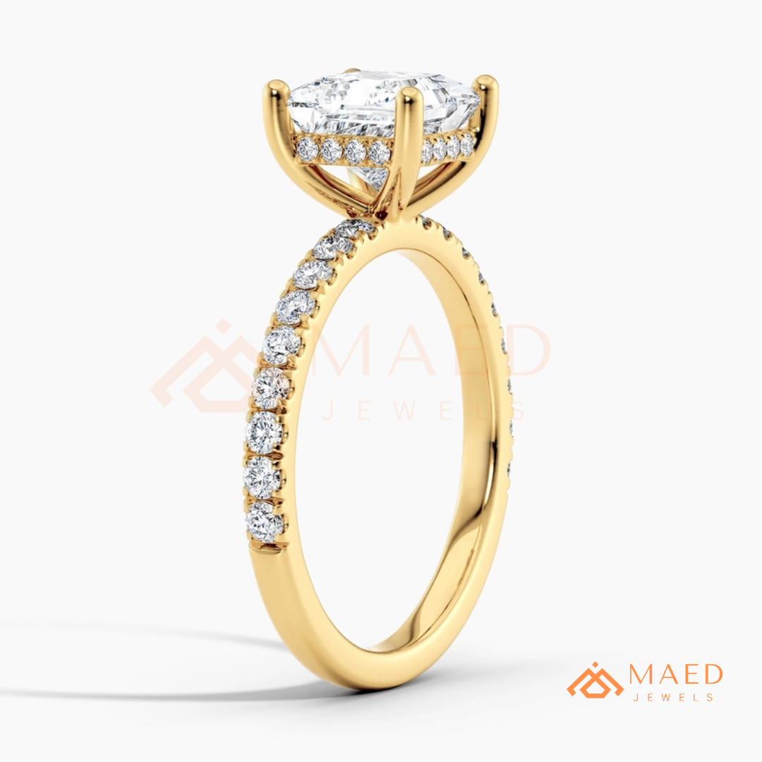Classic Princess Cut Solitaire Engagement Ring with Hidden Halo and Pave Band in Silver, 14K Gold & Rose Gold