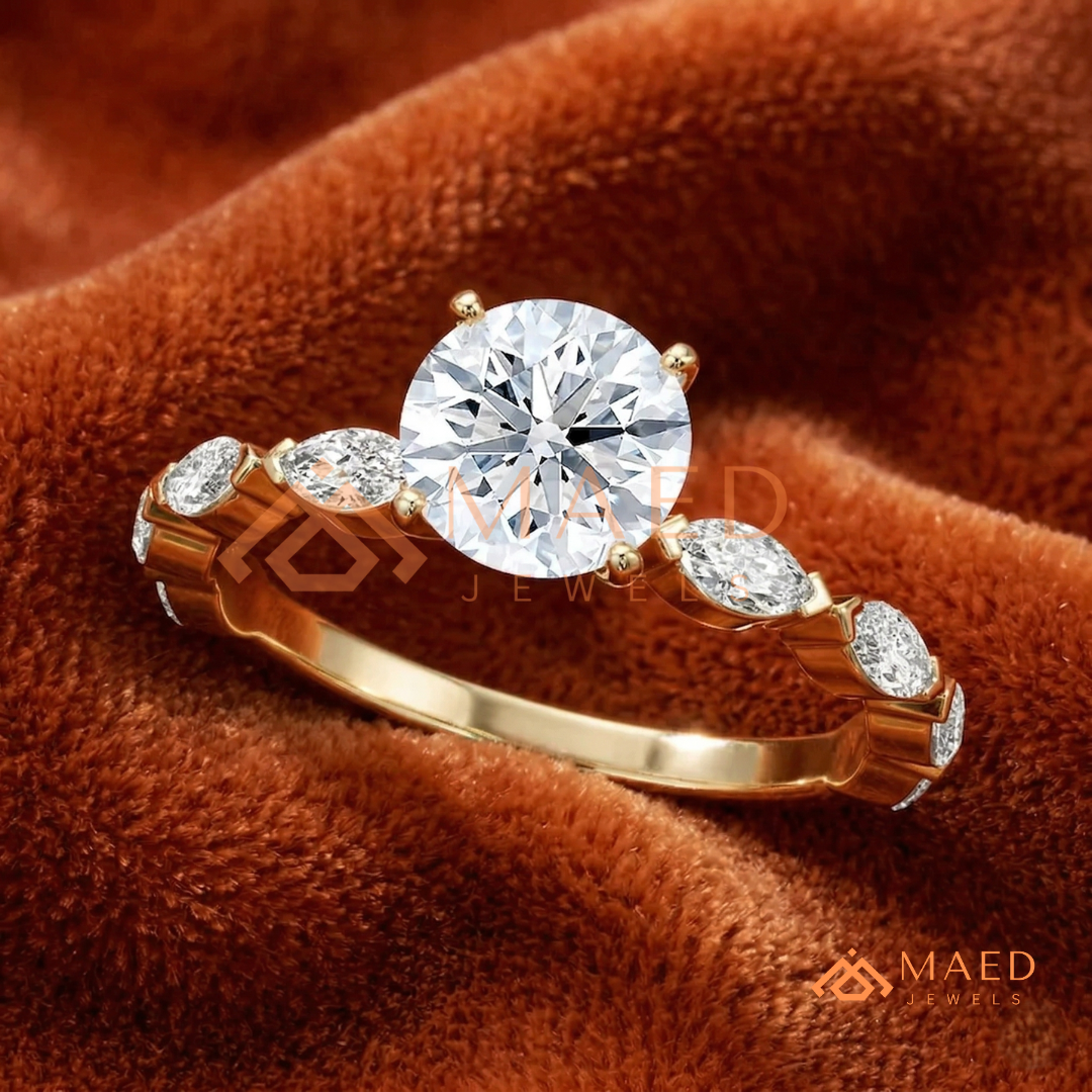 Round Cut Engagement Ring with Marquise Accent Cluster Band in 14K Gold, Rose Gold & Silver