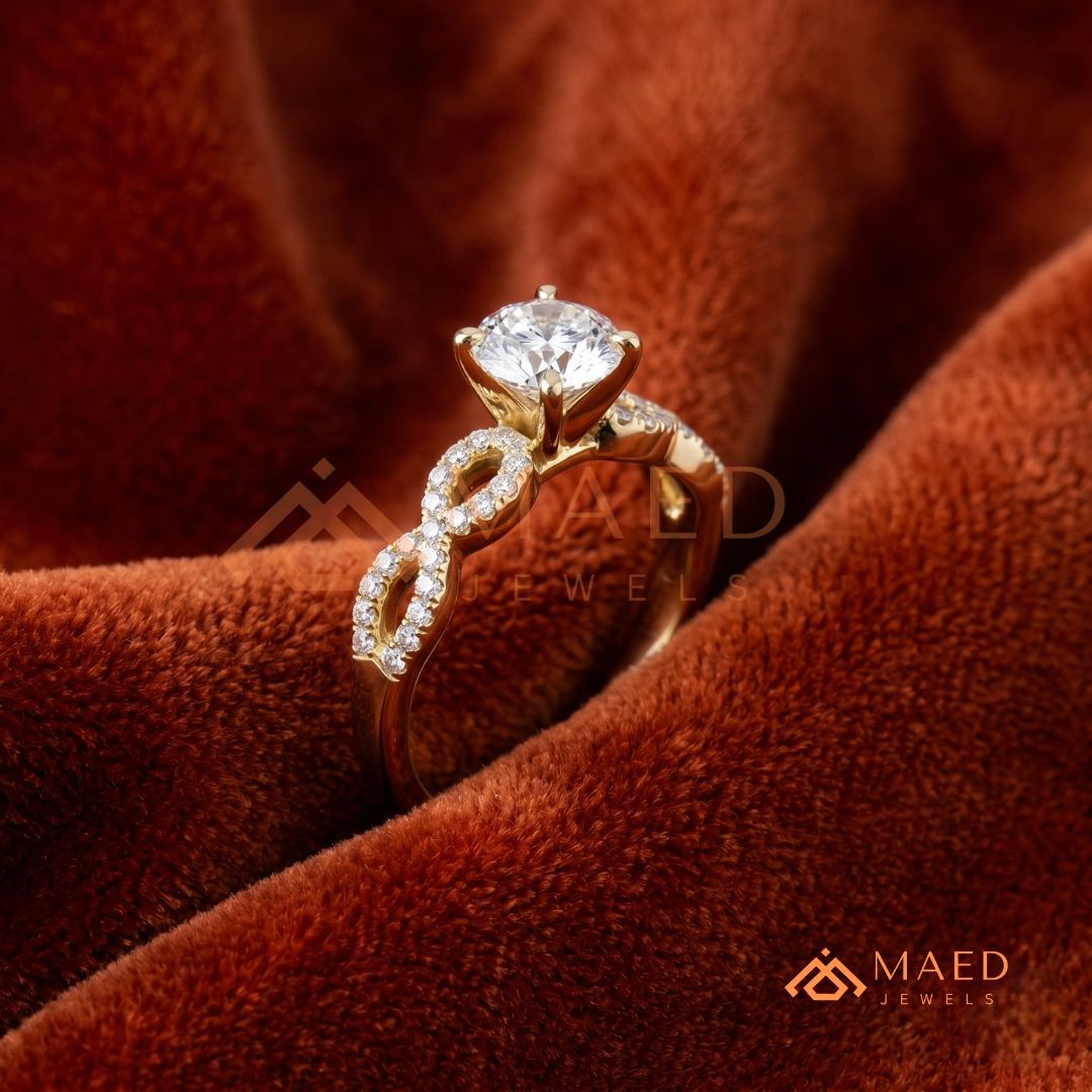 Intertwined Vortex Halo Diamond Simulant Ring in 14K Yellow Gold, Rose Gold & Silver