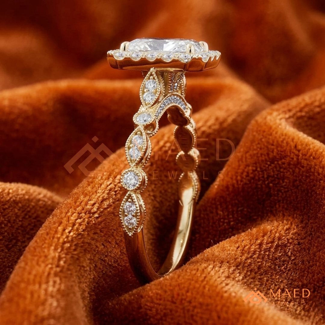 Radiant Halo Vintage-Style Engagement Ring – Ornate Vine Band