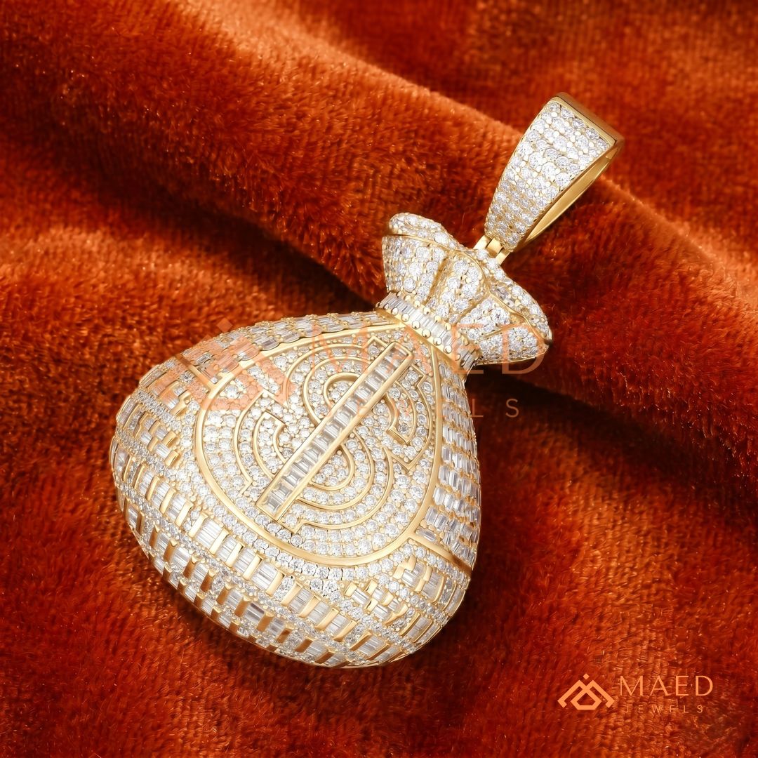 Fully Iced Out Money Bag Pendant – Baguette & Micro Pave Hip Hop Necklace
