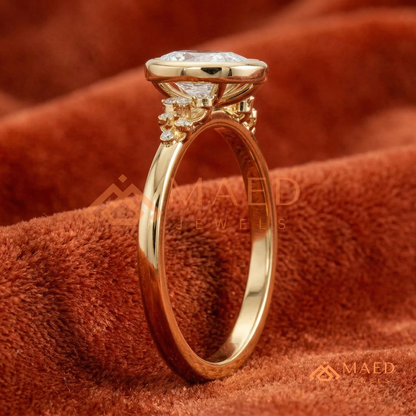 Pear Cut Bezel Set Engagement Ring with Cluster Accent Diamonds in 14K Gold, Rose Gold & Silver