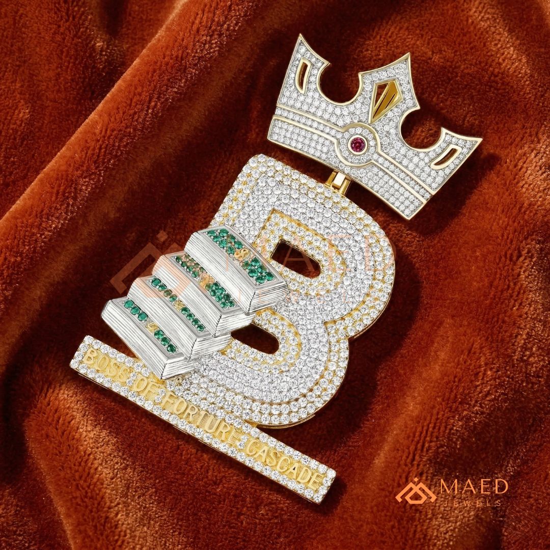 Custom Crown Initial "B" Money Stack Pendant in Sterling Silver & 14K Gold