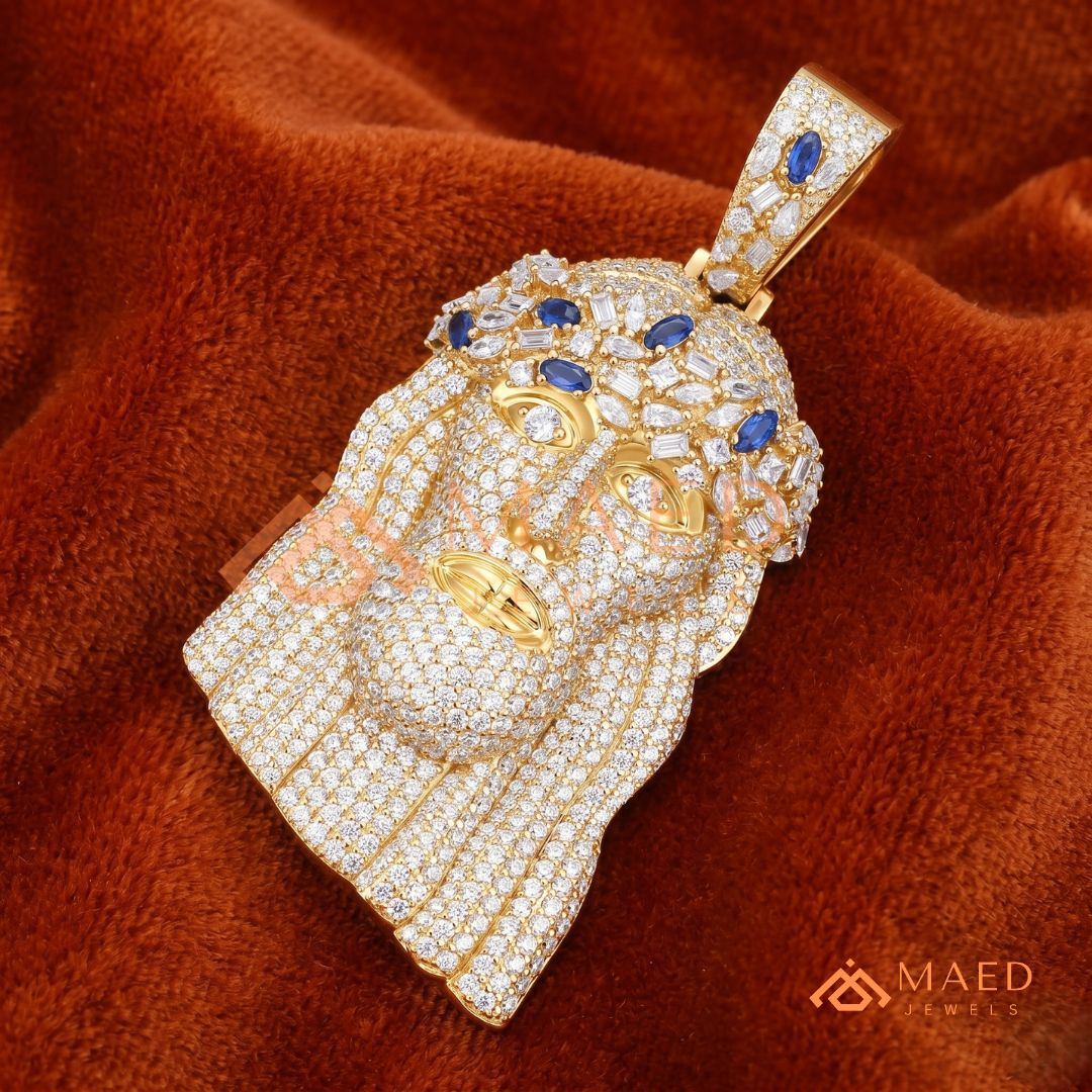 Iced Out Jesus Head Piece with Blue Sapphires | Silver, 14K Yellow & Rose Gold