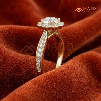 Round Cut Flower Halo Engagement Ring with Pave Band