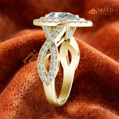 Double Halo Pear Cut Engagement Ring with Twisted Pave Band