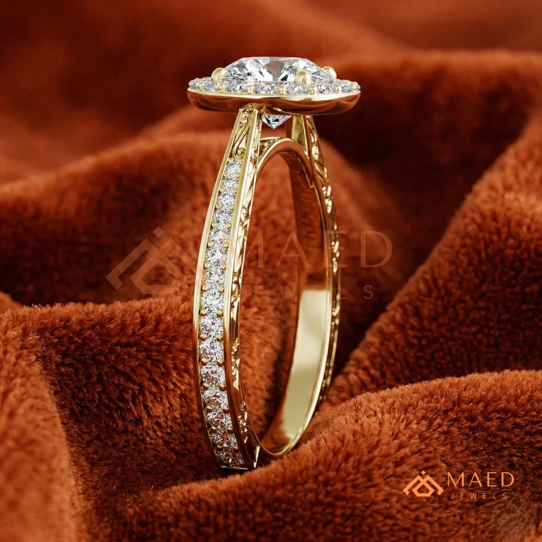 Vintage Milgrain Halo Diamond Simulant Ring in 14K Yellow Gold, Rose Gold & Silver
