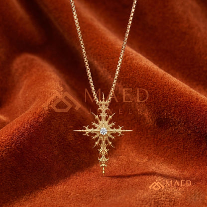 Gothic Starburst Cross Pendant – Thorn & Spike Filigree Necklace