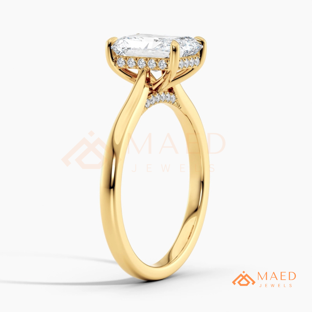 Radiant Cut Engagement Ring with Pear Side Stones | 14k Gold, Rose Gold & Silver