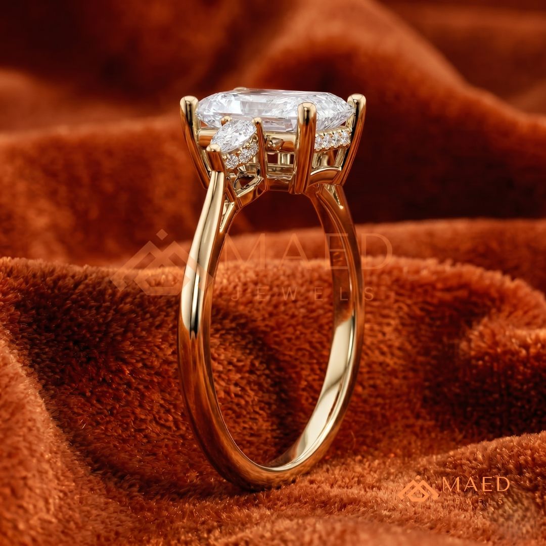 Radiant Cut Engagement Ring with Pear Side Stones | 14k Gold, Rose Gold & Silver