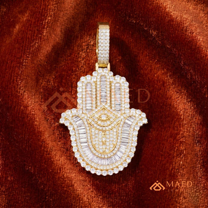 Iced-Out Hamsa Hand Pendant with Star of David & Menorah – Premium Micro-Pave Finish