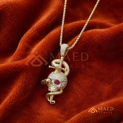 Fully Flooded Skull & Serpent Statement Charm – Ruby Red Eye Hip Hop Pendant