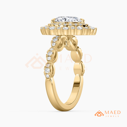 Vintage Pear Shaped Double Halo Engagement Ring with Pave Band in Silver, 14K Gold & Rose Gold