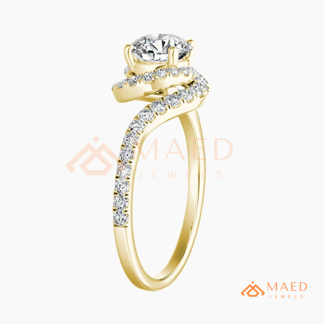 Moissanite Bypass Halo Engagement Ring in 14K Gold, Rose Gold & Sterling Silver | Twisted Pave Diamond Accent Ring for Women