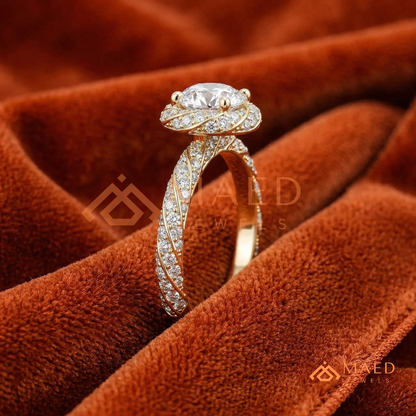 ound Cut Halo Twisted Band Promise Ring (Silver, 14K Yellow/Rose Gold)