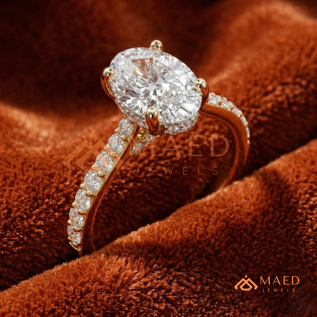 Oval Cut Moissanite Engagement Ring | 14K Gold, Rose Gold & Silver Pave Band